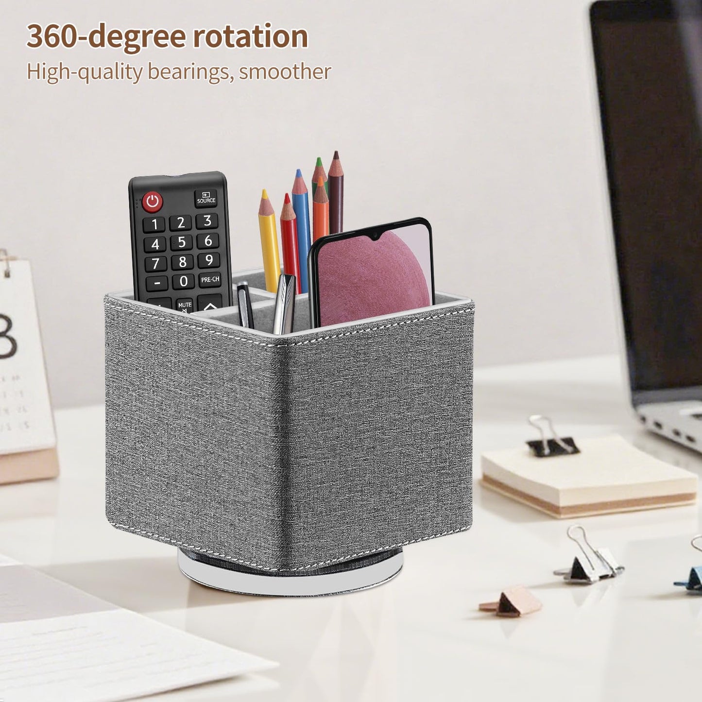 YAPISHI Remote Control Holder, 360° Swivel TV Remote Holder for Table, PU Leather Remotes Caddy, Nightstand Organizer for Media Controllers/Makeup/Office Supplies, Bedside Decorations for Living Room