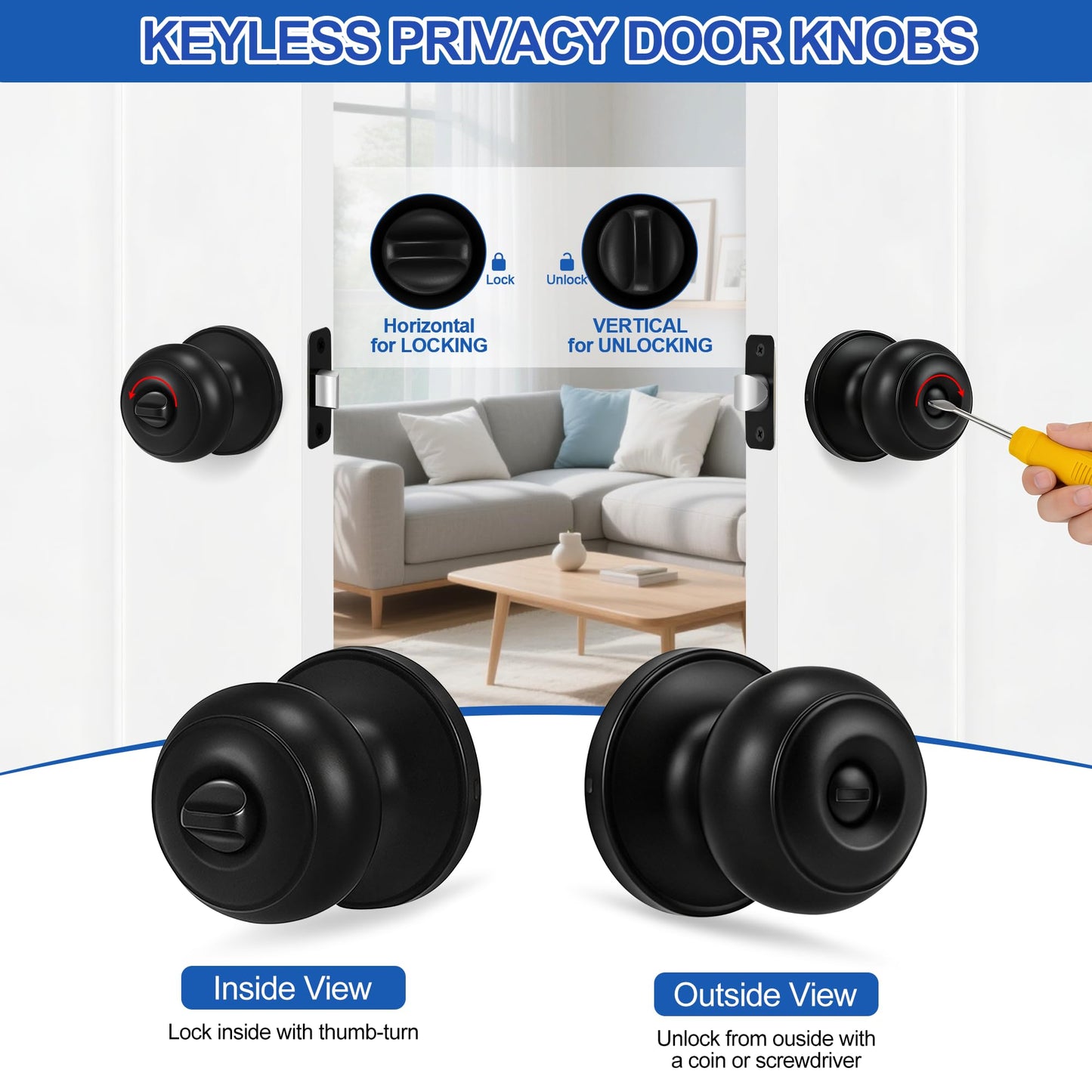 Plustool 8 Pack Matte Black Door Knobs, Privacy Door Knob with Lock, Interior Doorknobs with Round Ball, Keyless Door Lockset for Bedrooms Bathrooms
