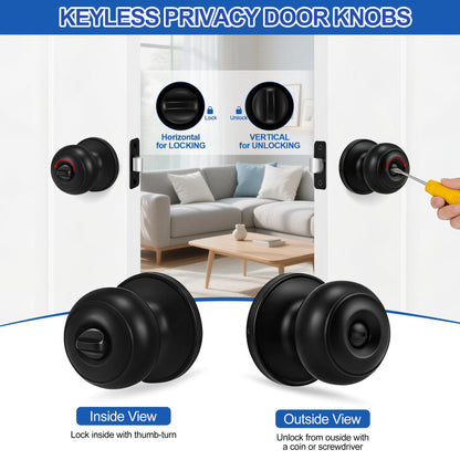 Plustool 8 Pack Matte Black Door Knobs, Privacy Door Knob with Lock, Interior Doorknobs with Round Ball, Keyless Door Lockset for Bedrooms Bathrooms