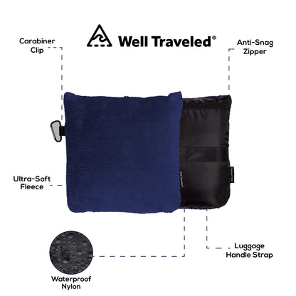 Well Traveled - 2 in 1 Fleece Travel Blanket with Stuffable Pillowcase for Air Travel - Convenient Design for Easy, Comfy Travel
