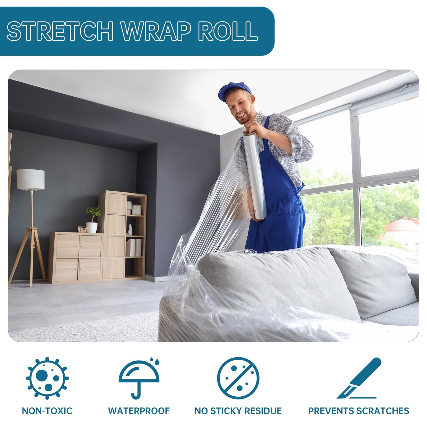 Stretch Film Shrink Wrap Roll 20" x 1500FT, Heavy Duty 80 Gauge Stretch Wrap Roll, Industrial Plastic Wrap for Moving, 800% Stretch for Packing, Pallets, Shipping&Furniture Protection(4 Roll Clear)