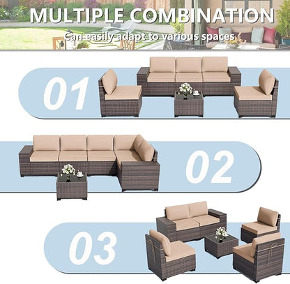 ALAULM 6 Pieces Patio Furniture Set, Oversized Seat/Armrest and High Back Wicker Sectional Furniture Set with Thick Cushion for Backyard, Garden, Sand