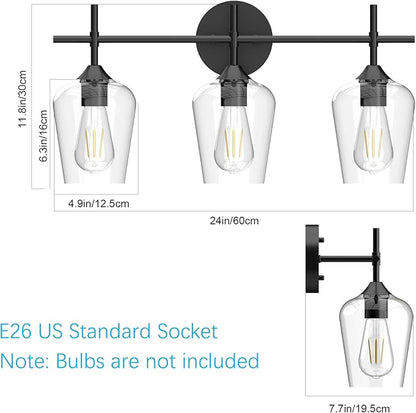 Ralbay Industrial Bathroom Vanity Light Fixtures 3-Lights Matte Black with Clear Glass Vintage Edison Wall Lamp Light Fixture for Bathroom
