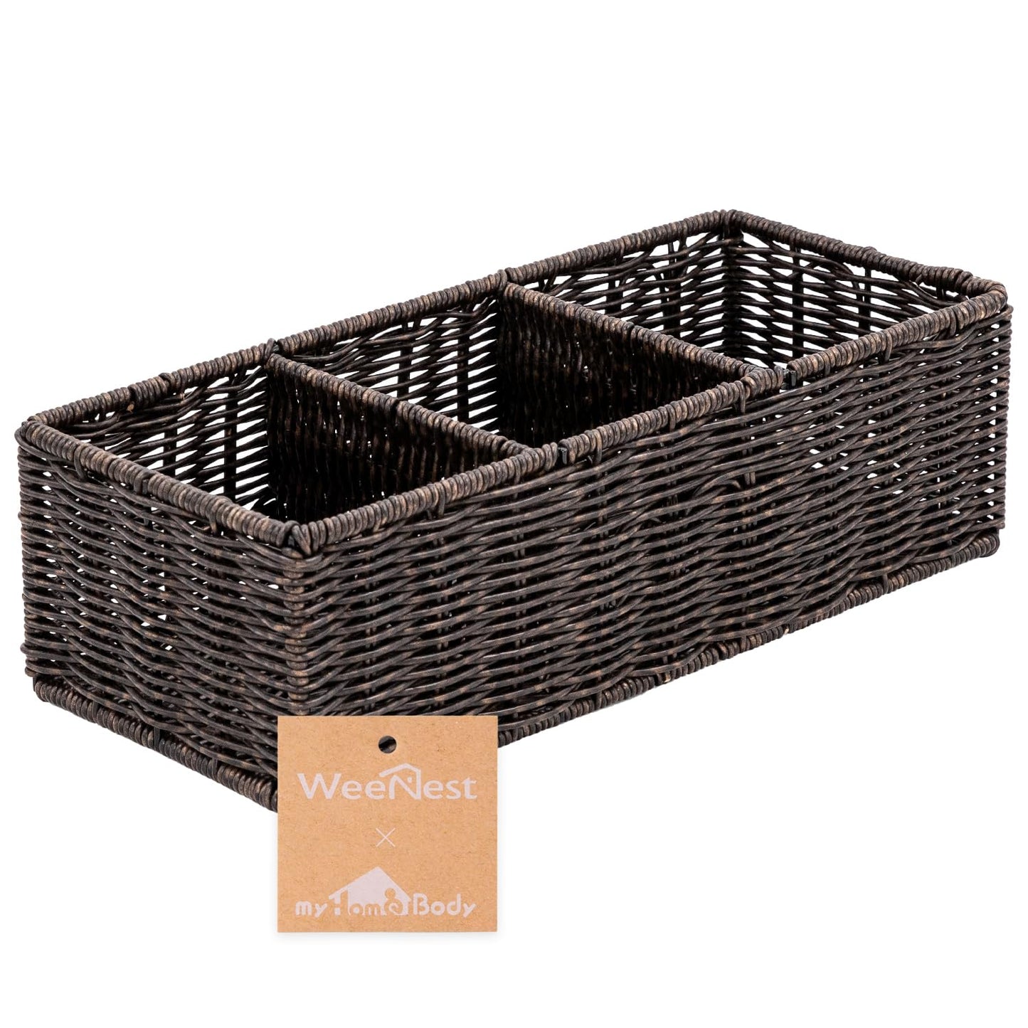 myHomeBody Wicker Basket With 3 Compartments, For Toilet Tank Paper Rolls, Hand Woven Bathroom Countertop Organizer, Bedroom Organization, 1pc, Rustic Brown