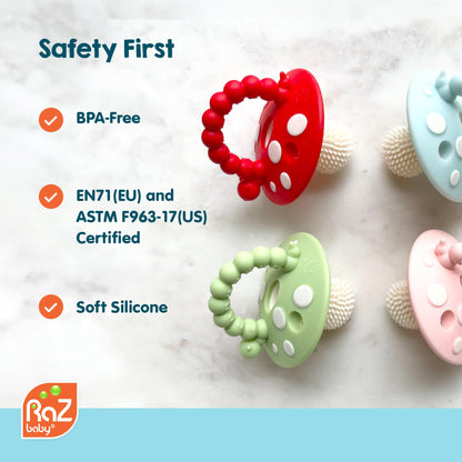 RaZbaby Chompy Teether – Soft Silicone Teething Toy for Infants & Babies 3M+, Massaging Bristles for Teething Relief, Hands-Free & Easy to Hold, Sensory Development, BPA-Free - Great Gift - Red/Green