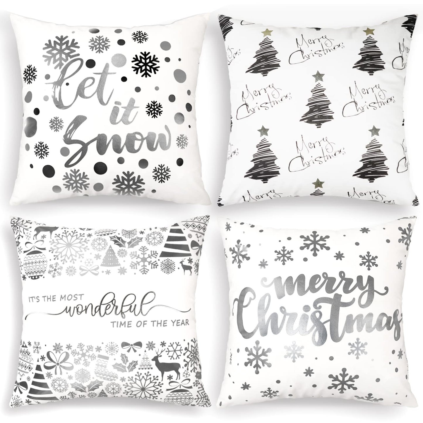 JOJOGOGO Christmas Decorations Silver and White Christmas Pillow Covers 18x18 Set of 4, Silver Xmas Decor Snowflake Christmas Tree Let It Snow Decorative Throw Pillows for Bedding Couch Sofa
