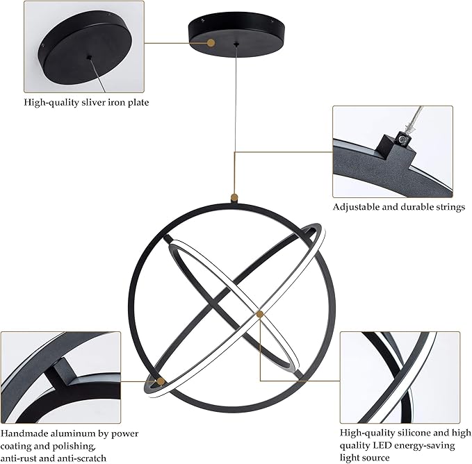 Modern LED Pendant Light Dimmable Creative Chendalier Adjustable Hanging Pendant Lighting Circle 3 Rings 6000K Cool Light Fixture for Dining Room Bedroom Kitchen Island Hall 80W (Black)