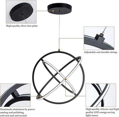 Modern LED Pendant Light Dimmable Creative Chendalier Adjustable Hanging Pendant Lighting Circle 3 Rings 6000K Cool Light Fixture for Dining Room Bedroom Kitchen Island Hall 80W (Black)