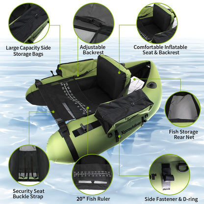 Xproutdoor Fishing Float Tube with Adjustable Backpack Straps, Storage Pockets, Fish Ruler, Fly Fishing Boat with Pump, Oar, Rod Holder and Mount, Fins, 350LBS Load Bearing Capacity, FT003,Green