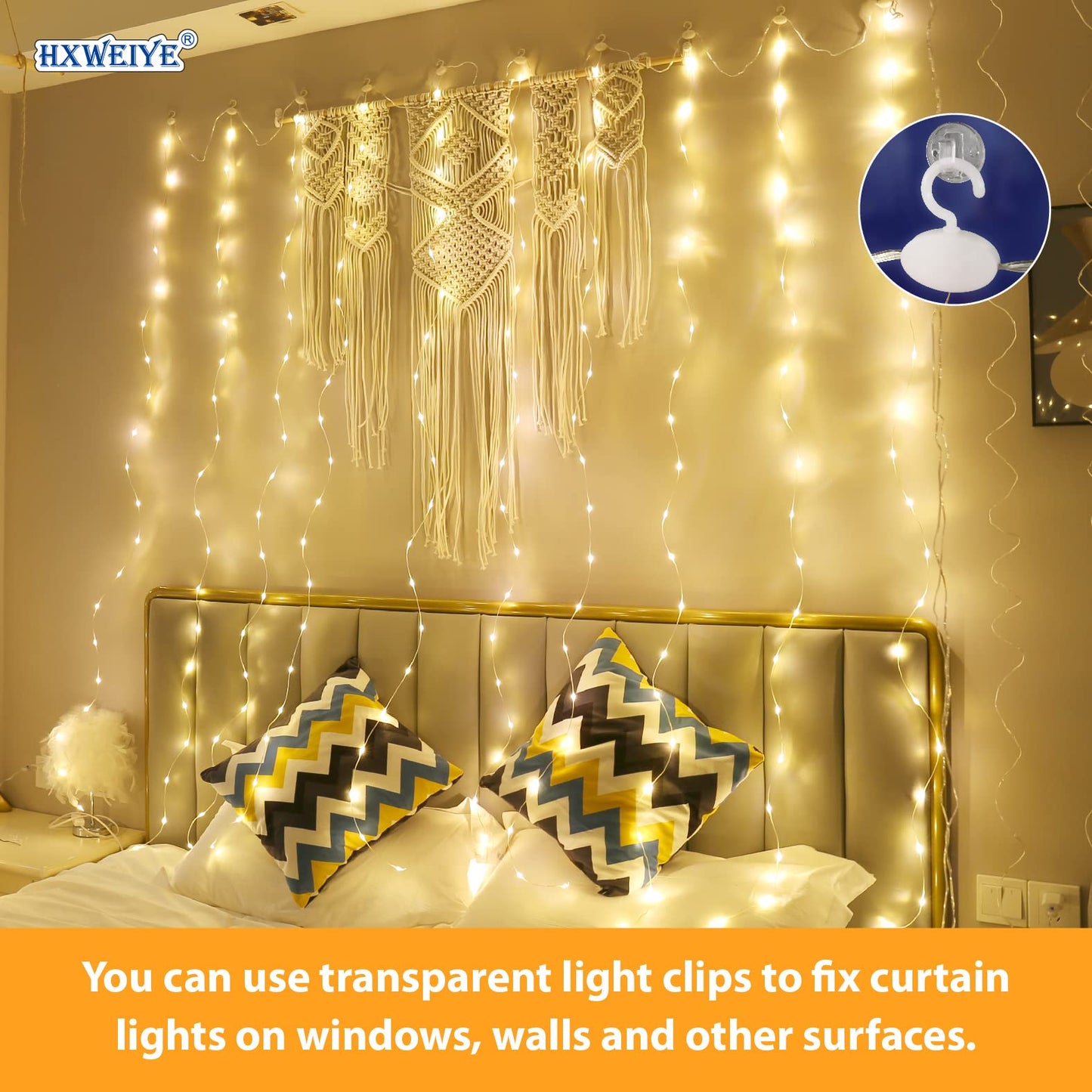 HXWEIYE 300LED Fairy Curtain Lights, 9.8x9.8Ft USB Plug-in 8 Modes Christmas String Hanging Lights with Remote for Bedroom Backdrop Wedding Indoor Wall Decor, Warm White, Tangle-Free – 1 Pack