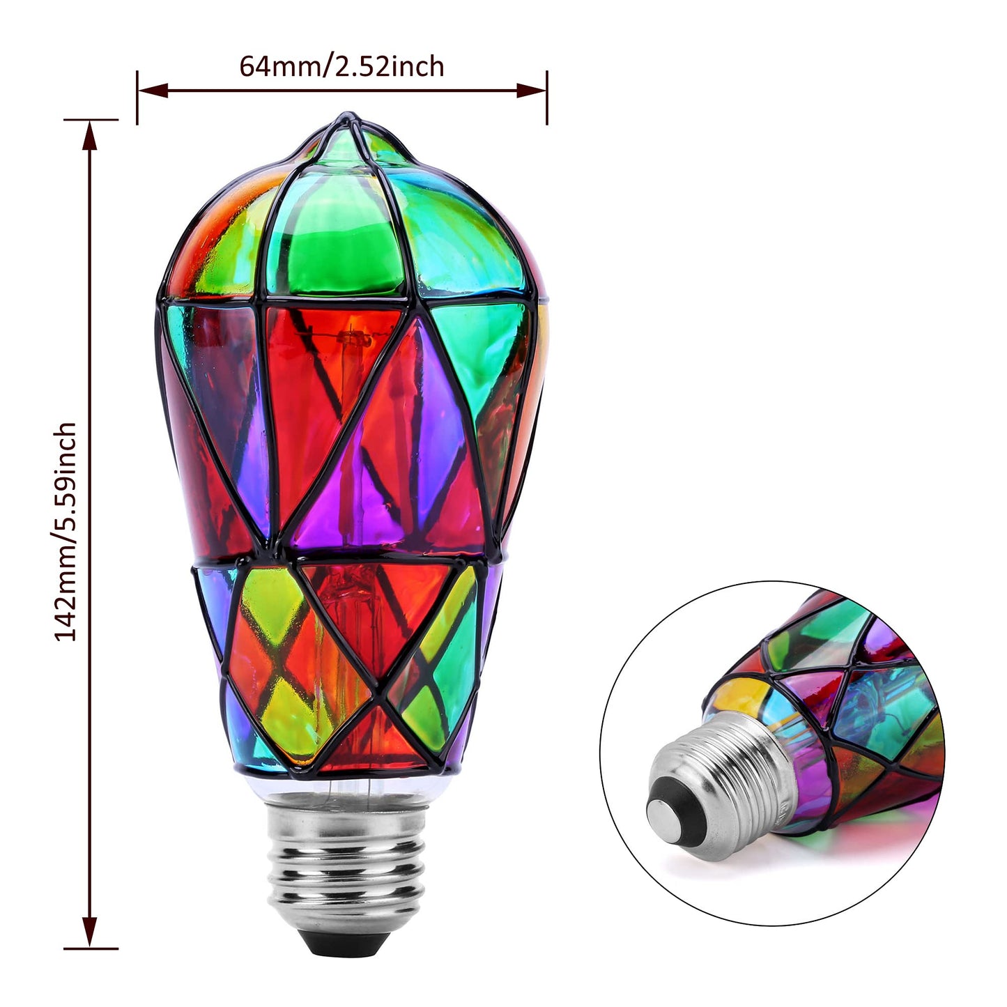 Kitmose 2 Pack Stained Glass Light Bulbs, LED Edison Light Bulb E26 3.5W Replacement Light Bulbs Tiffany Style for Bedroom Living Room Home Christmas Decoration (ST64)