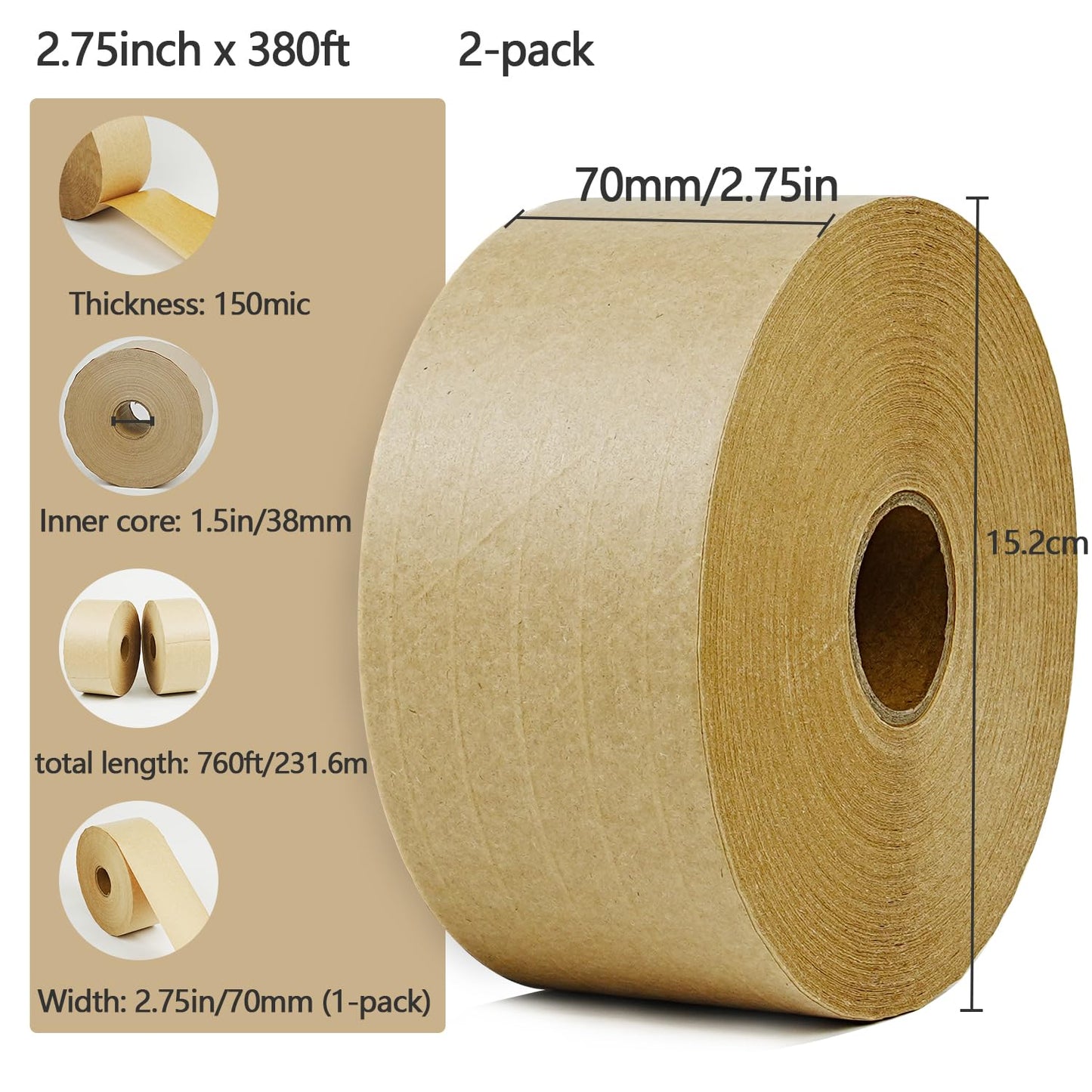 CHUANGSEED 2-Pack Reinforced Water Activated Gummed Kraft Paper Tape, 2.75 inch x 380 ft, Total 760ft,for Heavy Duty Secure Packing and Shipping Writable Eco-Friendly Biodegradable