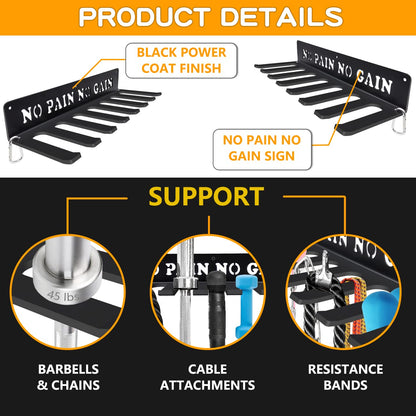 Gym Home Rack 8 Hook Heavy-Duty Wall-mounted Organizer Multi-Purpose Workout Gear Wall Hanger Storage for Resistance Bands Jump Ropes Lifting Belt Fitness Bands Barbells Carabiners Included (NO PAIN NO GAIN)