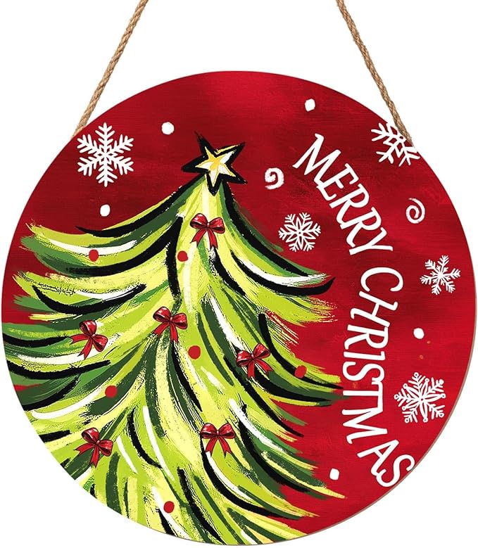 Merry Christmas Door Sign,Christmas Tree Decorations Wooden Holiday Hanging Sign for Front Door,Winter Red Christma Decorations for Home Garden Christm New Year 12"x12"