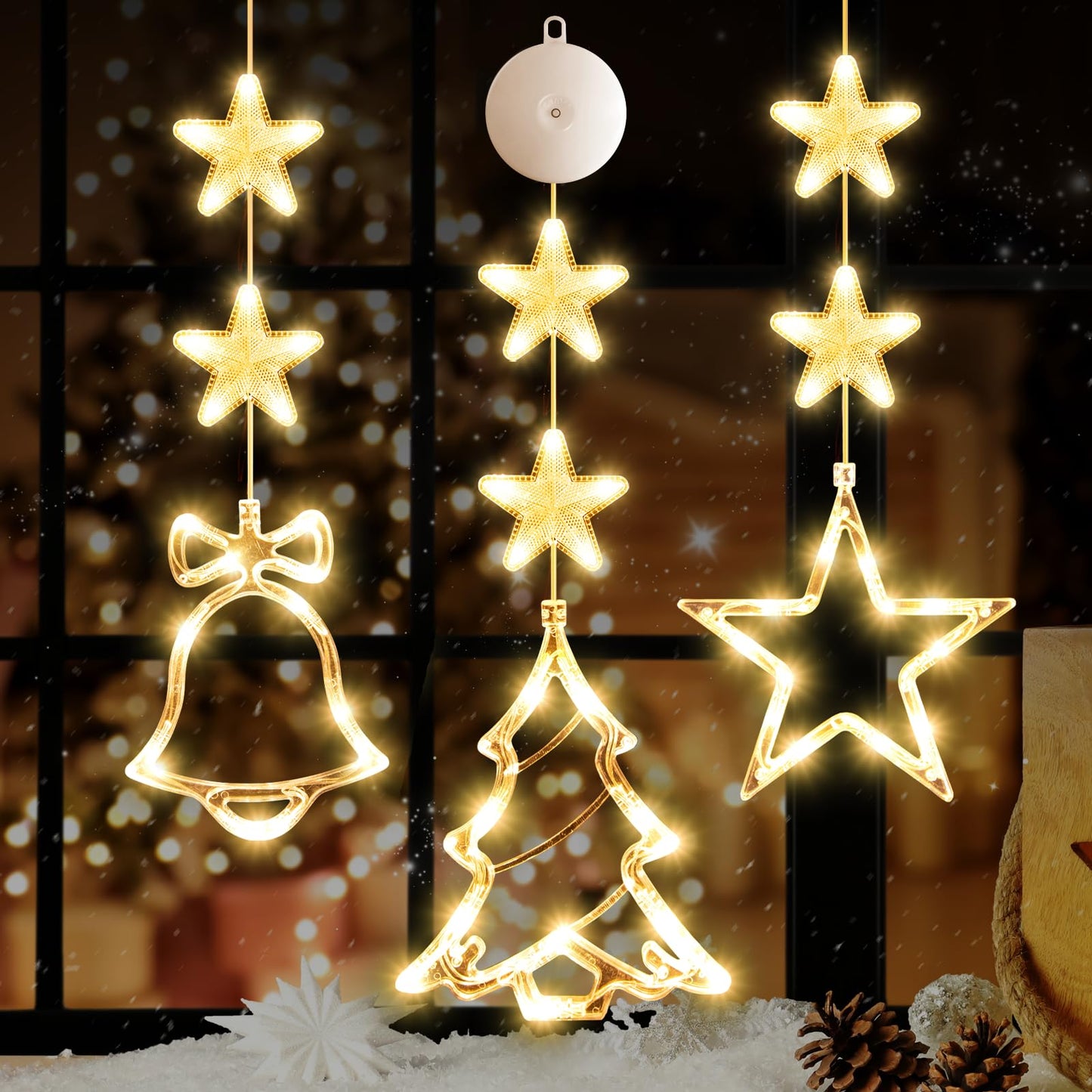 LYUBASA [Timer 3Pcs Christmas Window Lights Decorations,Battery Powered Christmas Hanging Warm White Lighted Tree Bell Star Shaped LED Sucker for Xmas Tree Fireplace Indoor Outdoor Decor