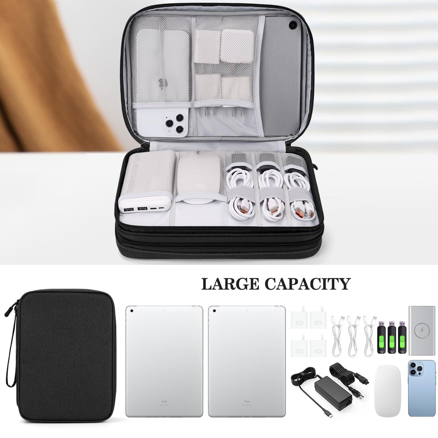 FYY Electronic Organizer, Extra Large Travel Cable Organizer Bag Pouch Portable Waterproof Double Layers All-in-One Storage Bag for iPad, Cable, Power Bank, Laptop Charger for Office/Home, Black