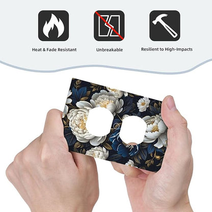 White Gold Blue Flower Light Switch Cover 1 Gang Outlet Plate Single Duplex Wall Plate Covers Decorative Switchplate Covers Electrical Faceplate for Home Decor