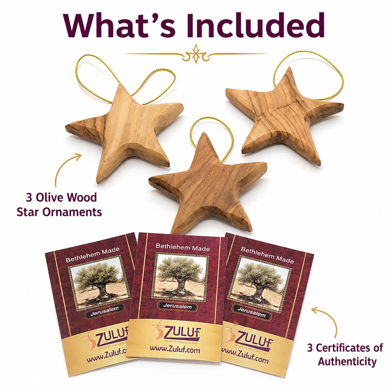 Zuluf Set of 3 Olive Wood Star Ornaments from Bethlehem 2.56 Inch, Handcrafted Star of Bethlehem Christmas Tree Decorations, Rustic Holy Land Christian Wooden Ornaments, with Certificates