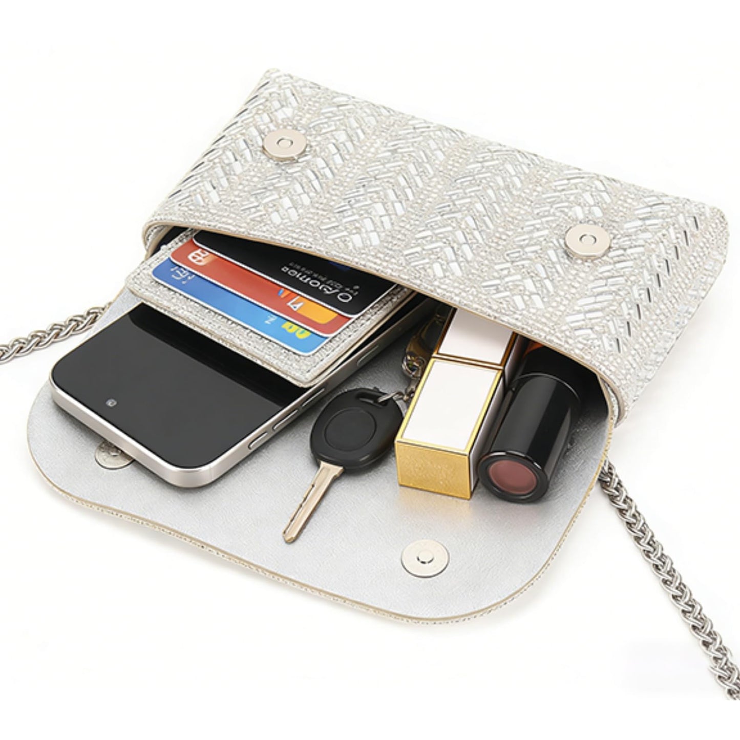 LUKLUKTAISUN 2026 Rhinestones Clutch Purses for Women 3d Evening Bags PU Leather Handbag for Cocktail Prom Party Wedding(Silver)