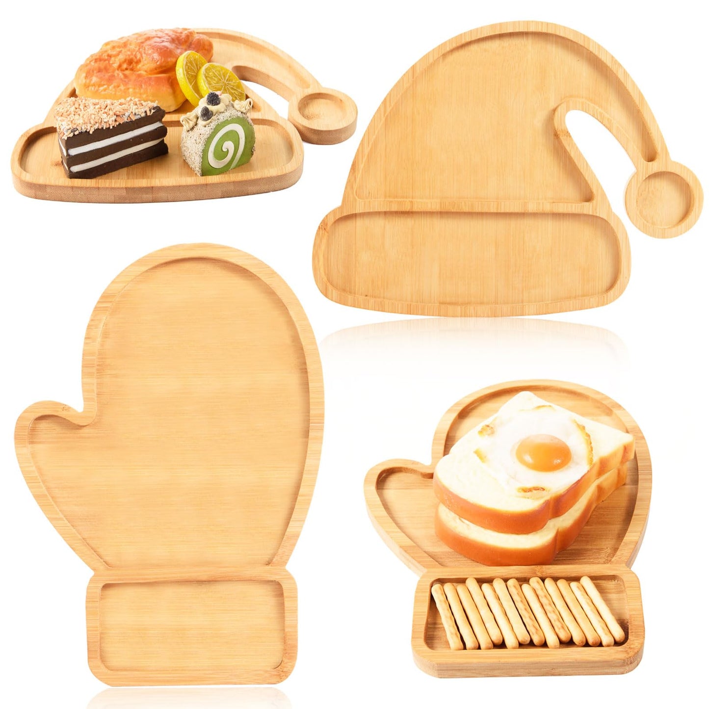 AWIZOM 2 Pcs Christmas Serving Platters Santa Hat and Mitten Shaped Wood Trays Winter Bamboo Charcuterie Boards Decorative Wood Snack Dish Plates for Xmas Holiday Housewarming Presents