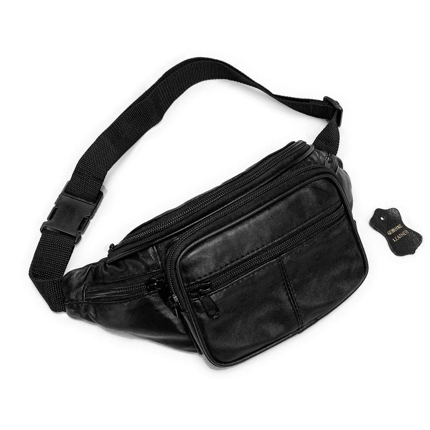 Leather Fanny Pack Travel Waist Bag for Man Women Unisex Hiking Travel Sport Running Cycling with Adjustable Belt Black