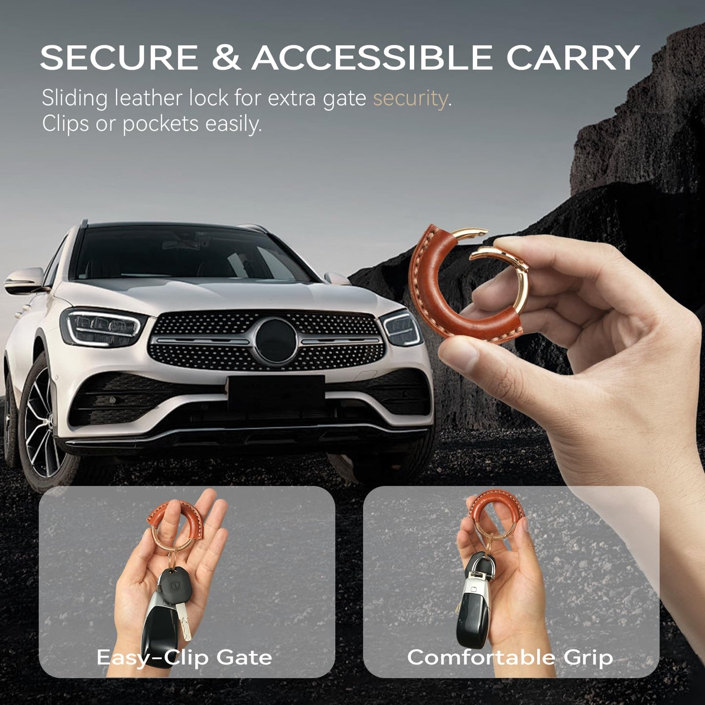 Genuine Leather Keychain - Carabiner Clip Key Fob with 2 Detachable Rings - Car Key Chain Holder for Men & Women
