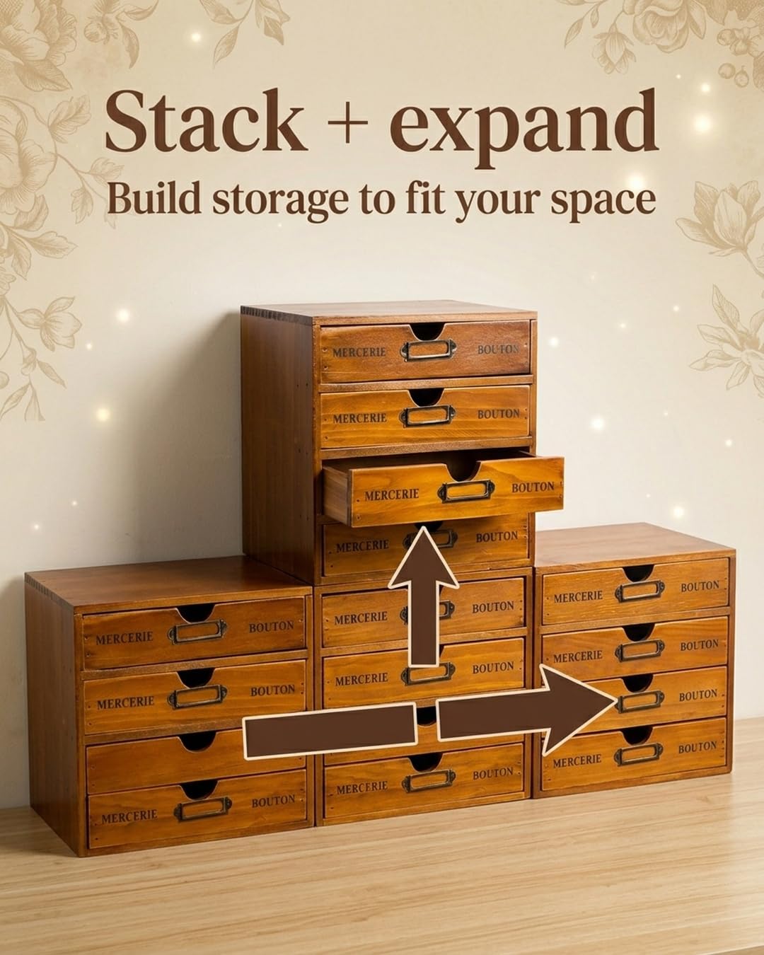 Modular Stackable Apothecary Cabinet 4 Drawer Desk Organizer - Retro Library Card Catalog Wood Storage Box - Organize Stationery, Thread Embroidery, Sewing, Crafts, Junk Drawer & Supplies Countertop