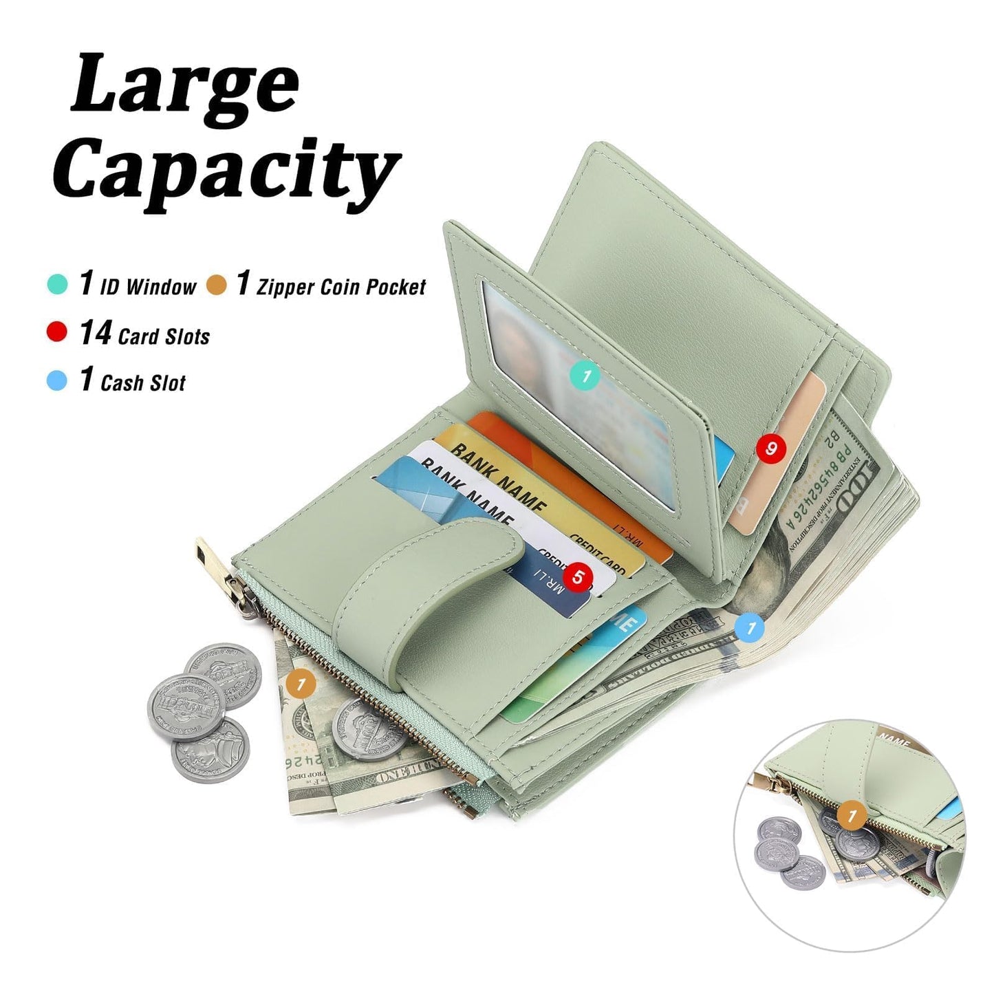 GAEKEAO Small Wallet Women Vegan Leather RFID Blocking Bifold Ladies Compact Card Holder with Zipper Pocket & ID Window