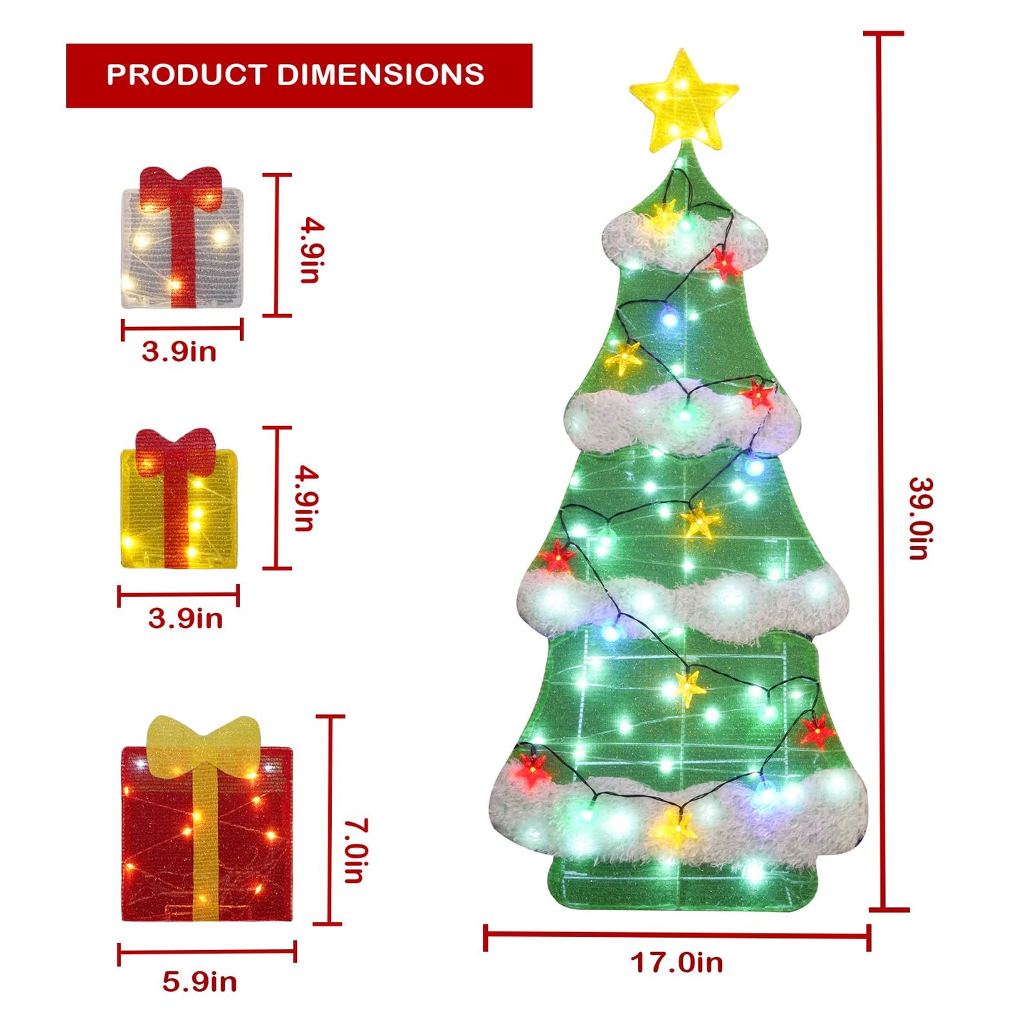 3ft 2D Christmas Tree Outdoor Decorations with 100 Twinkling LED Lights, 8 Light Modes, Large Holiday Yard Ornament for Patio, Lawn, Home（Sphere+Star）