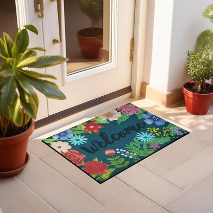 CHICHIC Welcome Door Mat 17x 30 Inch Front Door Mat Outdoors for Home Entrance Outdoors Mat for Outside Entry Way Doormat Entry Rugs, Heavy Duty Non Slip Rubber Back Low Profile, Colorful Flower