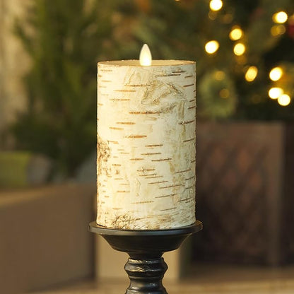 Luminara Real Birch Bark Wrapped Flameless LED Candle, 3.5" x 6.5", Battery Operated Moving Flame Pillar Light with Timer - Natural Decor Unscented