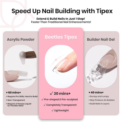 Beetles Tipex Gel Nail Kit, Medium Almond Nail Tips 224 Pcs 16 Sizes Pre-Building Pre-Etched Thick Acrylic Tips with Tipex Glue, Mini Lamp