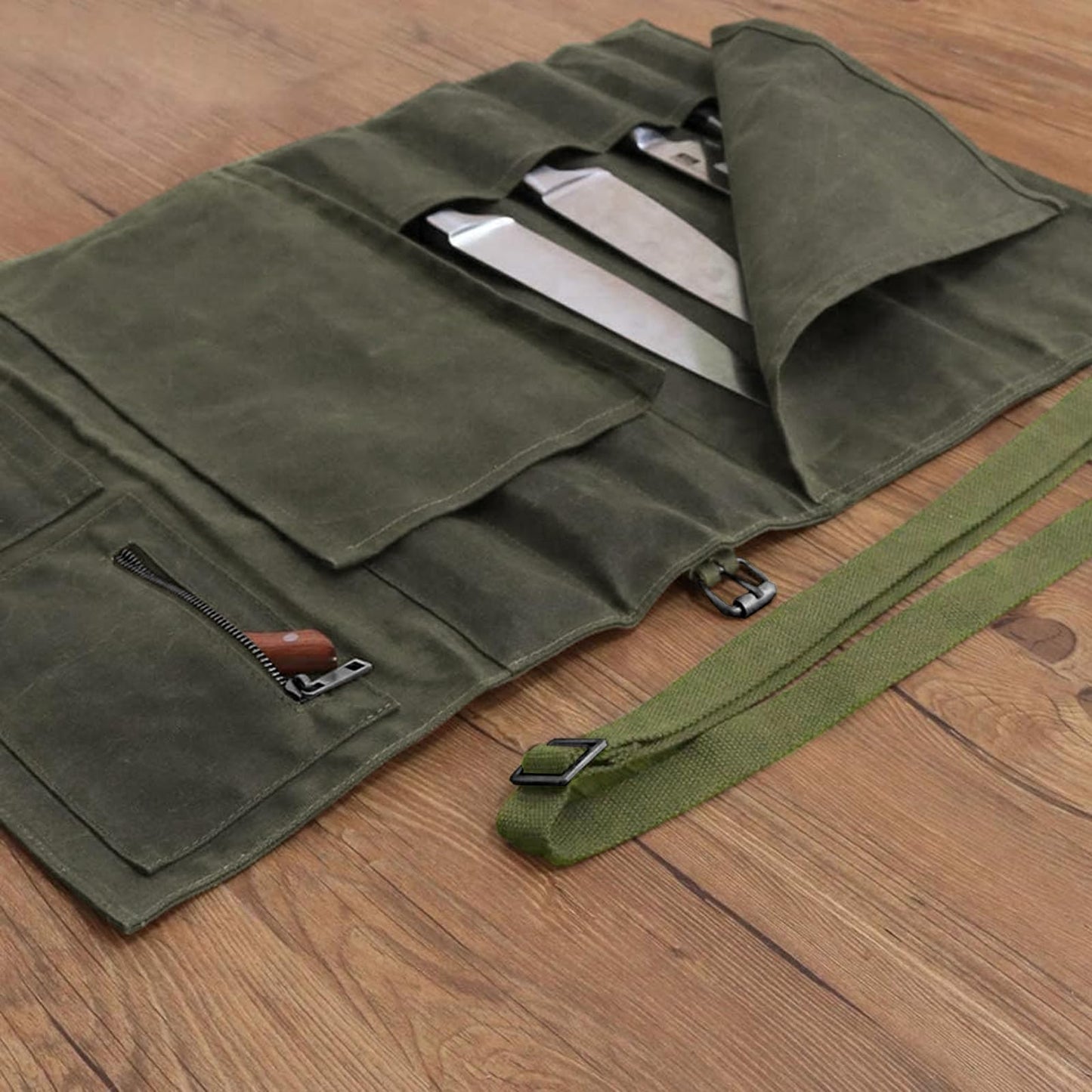 Large Chef’s Knife Roll Bag,Heavy Duty Waxed Canvas Knife Carrier,11 Pockets Kitchen Cooking Tools Storage Case, Easily Carried By Shoulder Strap ForProfessional Chefs,Culinary School Students
