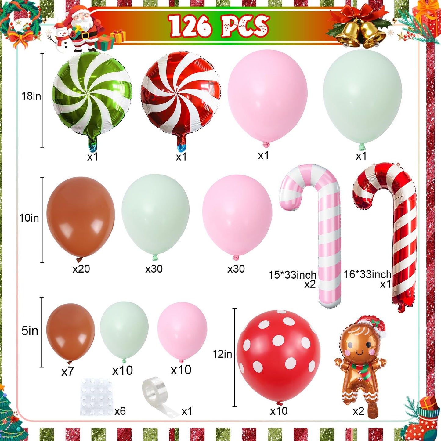 Gingerbread Balloon Arch Garland Kit, 126Pcs Pastel Pink Green Red Brown Christmas Balloon, Gingerbread Man Candy Cane Peppermint Foil Balloon for Christmas Xmas Cookie House New Year Party Decoration
