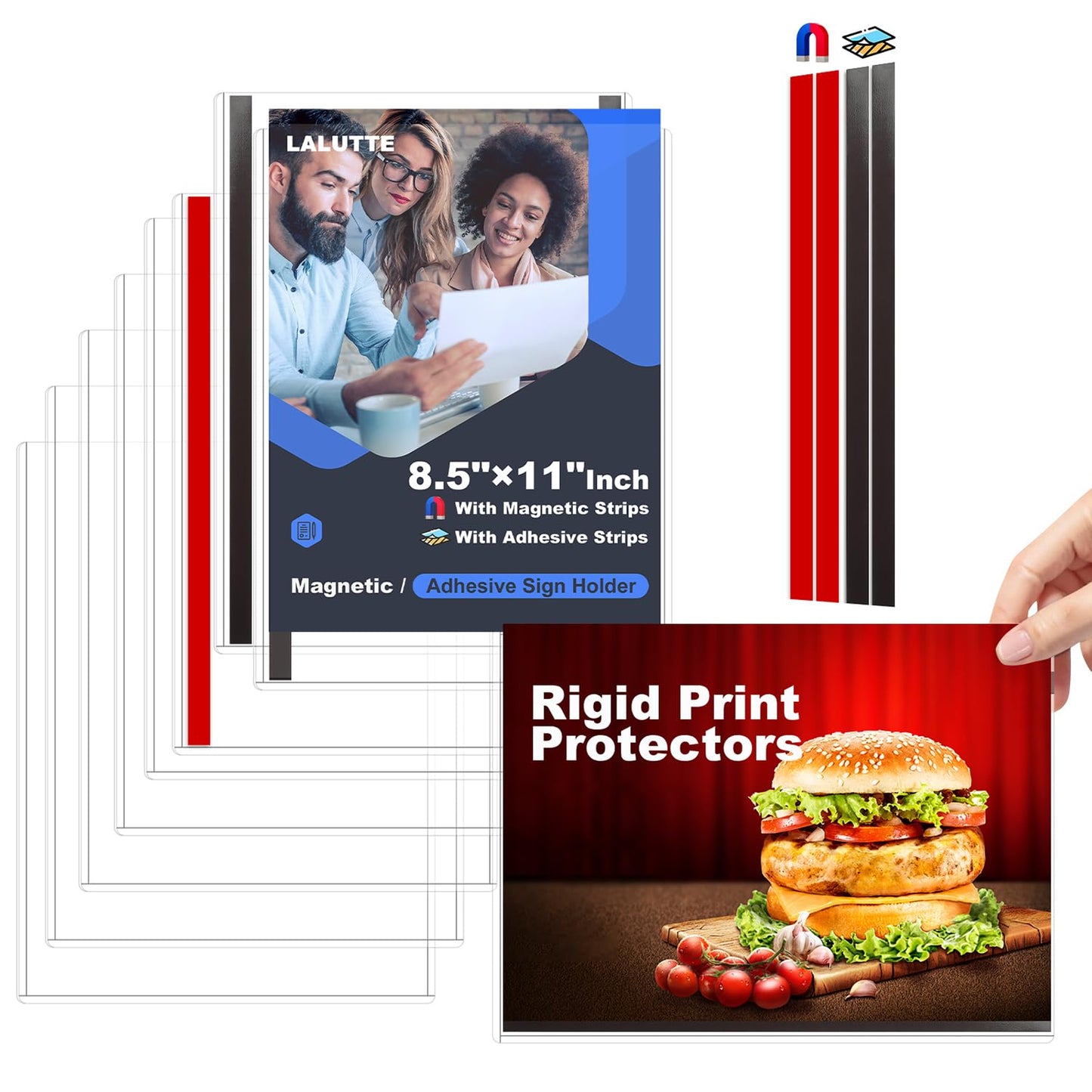 30 Pack 8.5'' x 11'' Inch Magnetic Sign Holders, Rigid Print Protectors, Paper Holder With Adhesive Tape, Plastic Document Holder For Posters Letter Paper Picture, Wall Mount Magnetic Frame for Refrigerator Window, Door, Home, Office, and Store