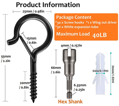 Zzbety 30 PCS Q-Hanger Screw Hooks with Safety Buckle Design, Christmas Lights Hanger Hooks, Easy to Release, Include 1 Wing Nut Driver