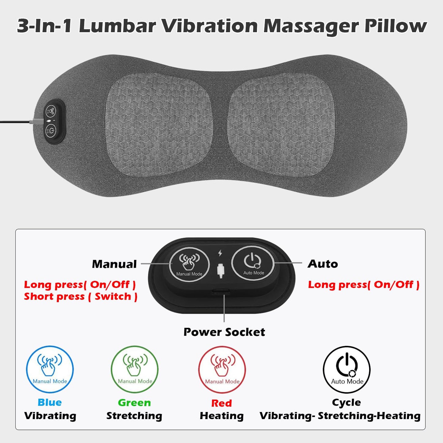 Lewuyoya Plug-in 3 in 1 Lower Back Massager for Pain Relief Deep Tissue,Smooth Spine Triple Fusion Back Massager with Heat & Vibration & Traction, Electric Lumbar Support Pillow for Bed,Chair,Office