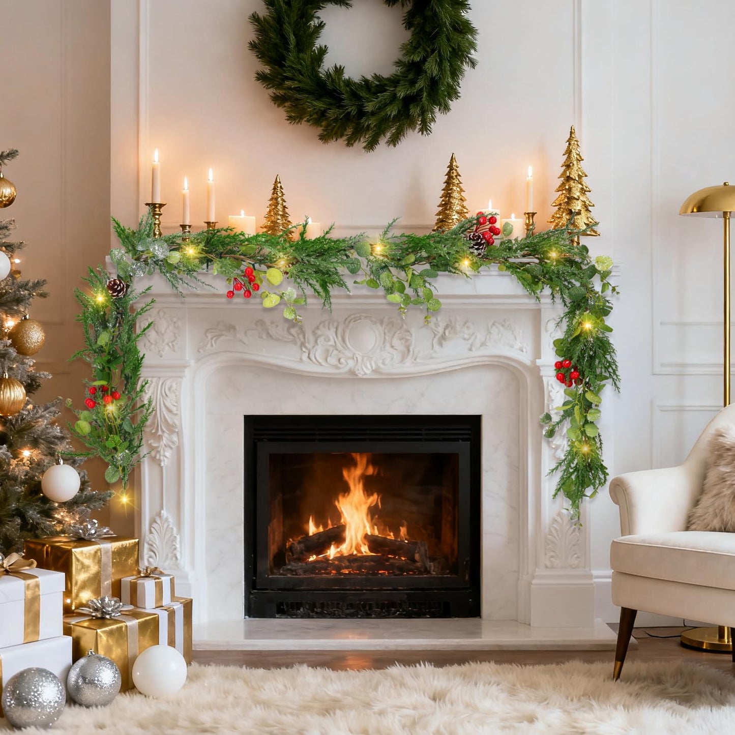 6FT Prelit Christmas Garland with Lights, Realistic Eucalyptus Garland with Artificial Cedar Cypress Leaves Red Berries Pine Cone Greenery Xmas Garland for Mantle Stair Railing Fireplace Decoration