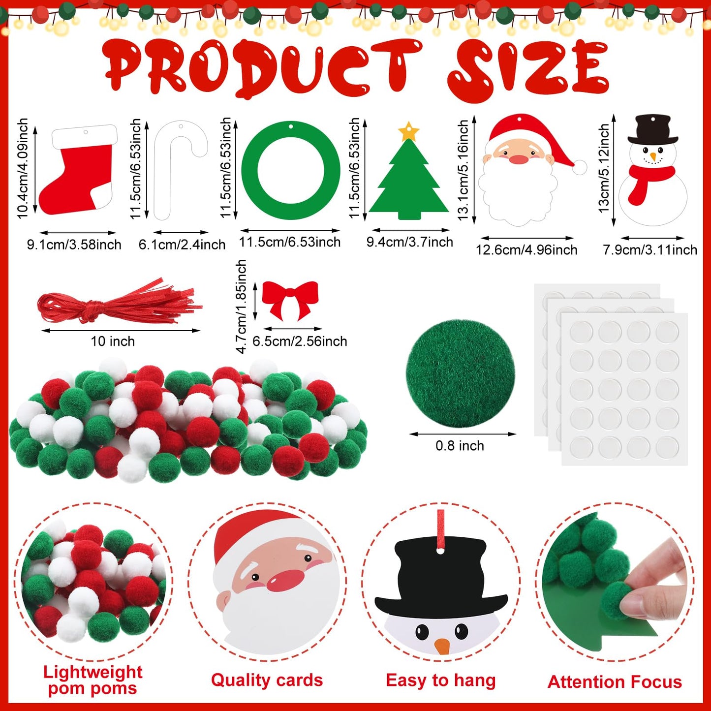 Realspring 24 Sets Christmas Pom-poms Craft Kit DIY Pom Pom Ornament Craft Bulk Christmas Tree Snowman Stockings Santa Wreath Candy Canes Xmas Poms Decor Fun Home Activity Classroom Party