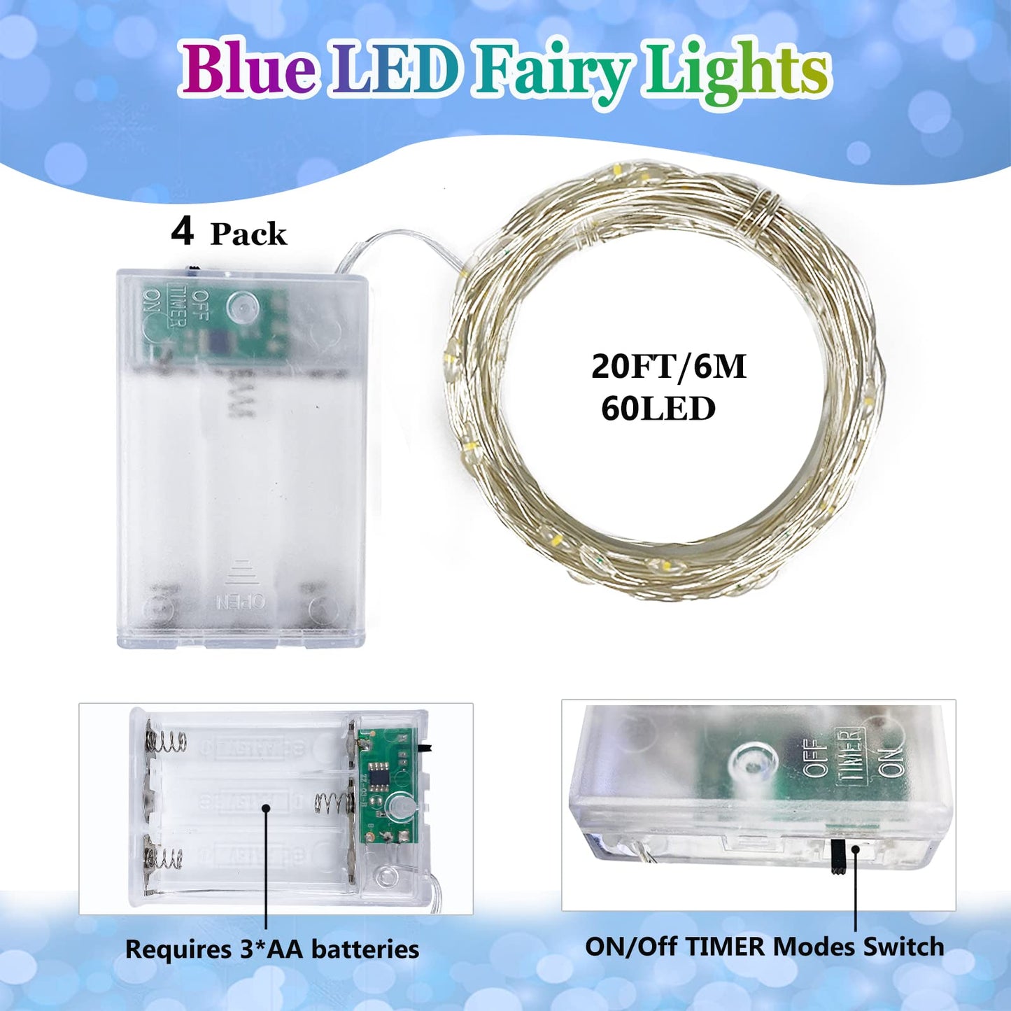 4 Pack 60 LED Fairy Lights Battery Operated with Timer, 20FT Waterproof String Lights Indoor Outdoor, Cuttable Battery Light for Home Bedroom Wedding DIY Centerpiece Christmas Decorations (Blue)