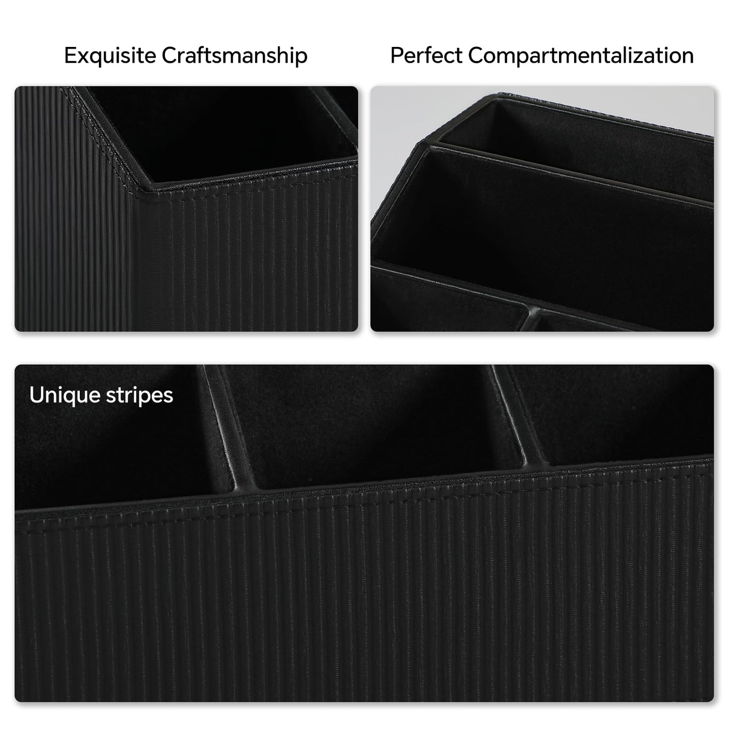Cretkhp Remote Control Holder with 5 Compartments for Office Art Supplies, PU Leather Nightstand Organizer Pencil Pen Desk Caddy for Home, Desktop TV Remote Control Organizer Storage (Striped Black)