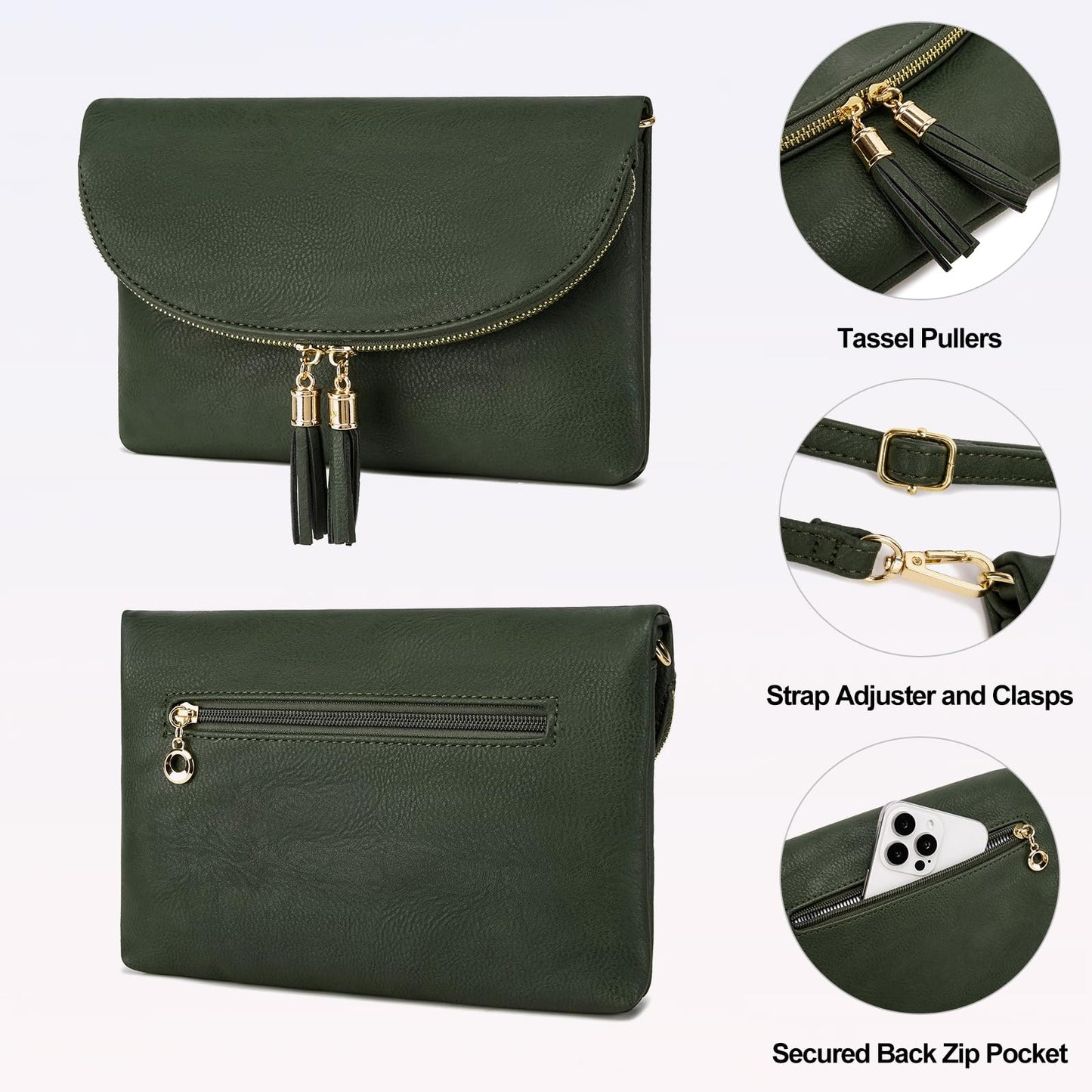 Solene Women's Envelop Clutch Crossbody Bag With Tassels Accent (WU075-Olive)