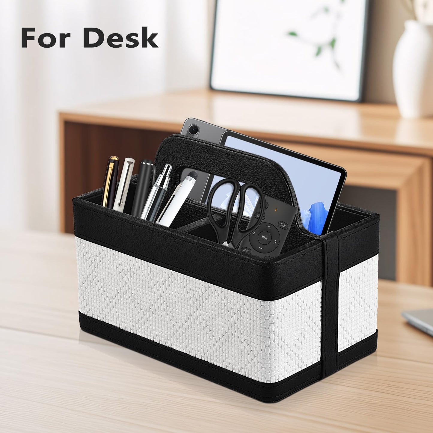 RHCSZ Desk Organizer Caddy with Handle-Portable PU Leather Remote Control Holder-Nightstand Dresser Tote Storage for Sunglasses,Comb,Small iPad,Pen,Heater Controllers,Cosmetics and Office Supplies