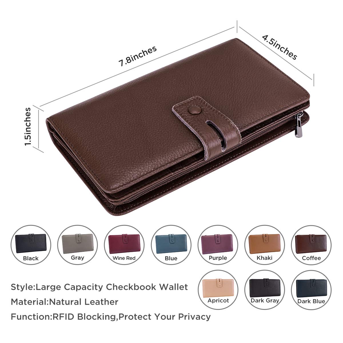 Itslife Womens Wallet,Large Capacity RFID Blocking Leather Wallets Credit Cards Organizer Ladies Wallet with Checkbook Holder,Coffee
