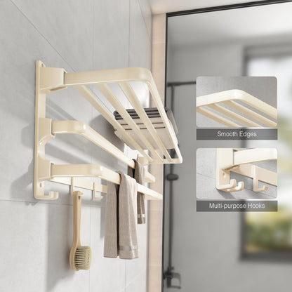 VOLDRA Towel Racks for Bathroom, 24-Inch Towel Shelf with 2 Towel Bar Foldable Towel Holder with 7 Hooks Towel Storage Organizer for Bathroom & Lavatory Wall Mounted(Milky White)