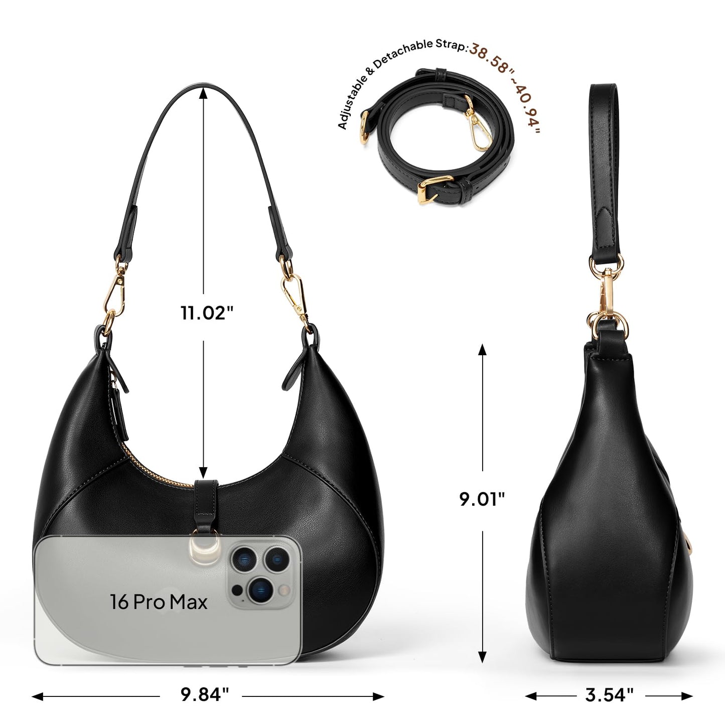 TOPEAST Purses for Women, Crescent Shoulder Bag, Small Soft Leather Trendy Hobo Handbags with Crescent Snap & Removable Strap for Everyday Going Out, Black Purse