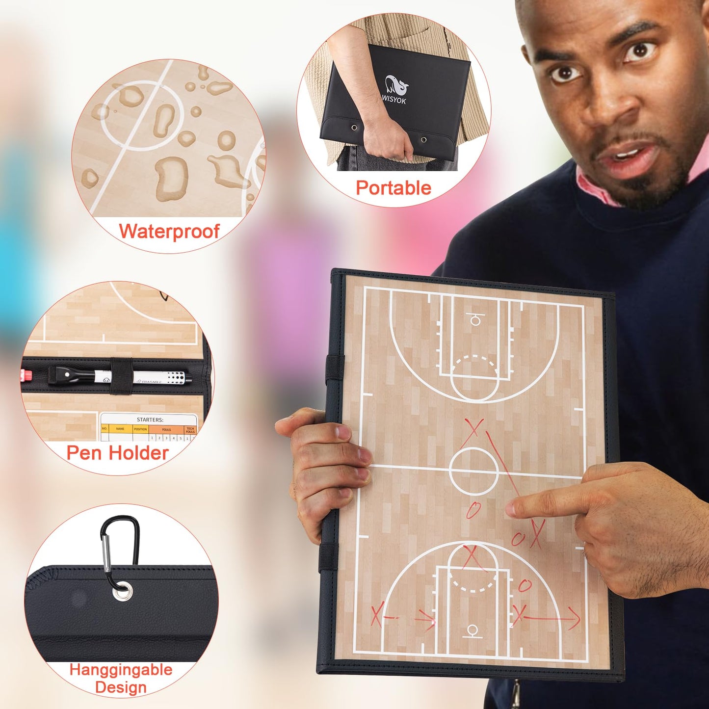 WISYOK Leather Covered Magnetic Basketball Lineup Board, Foldable and Portable Clipboard for Coaches with 48 Cards, 2 Markers, 4 Hooks and 1 Organizer Bag