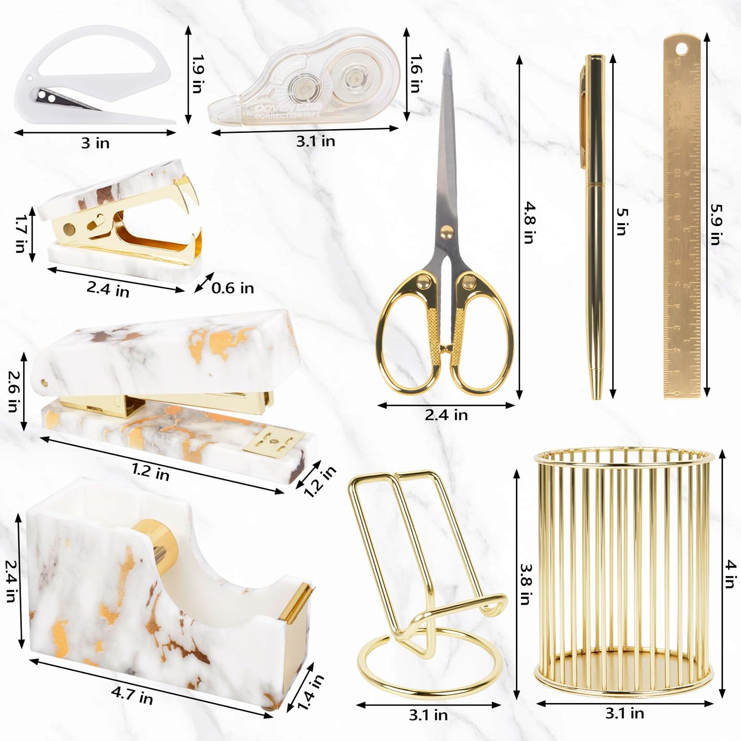 Office Desk Accessories Supplies - 13 Pcs Women Gold Marble Desk Decor Set, Cute Aesthetic Office Essentials Kit, Stapler Tape Dispenser Pen Organizer, Acrylic Mini Teacher Stuff for School Home Work