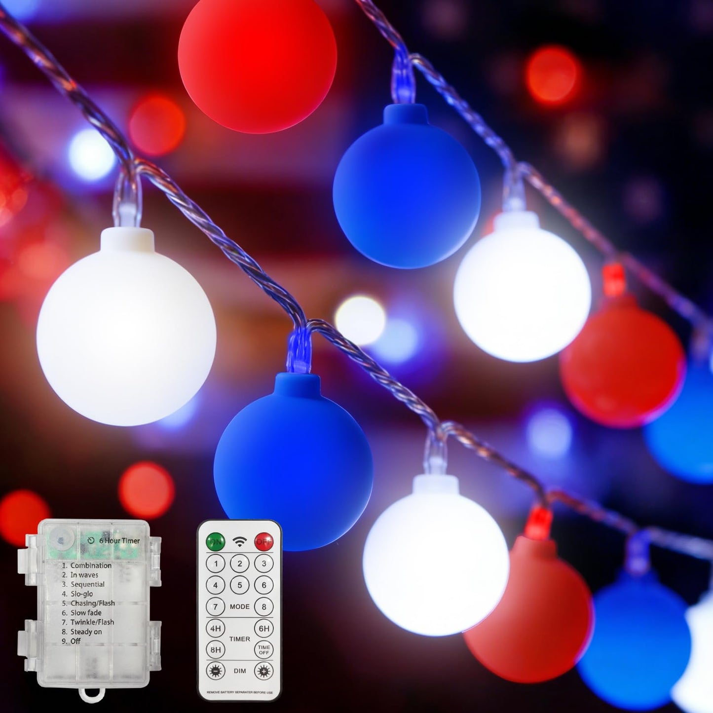 TWINGLEHOME 50 LED Patriotic Ball String Lights 16FT (5M) with Clear Wire, Waterproof Battery Box, Multifunctional Modes Lighting (Red, Cool White, Blue) for Nation Day