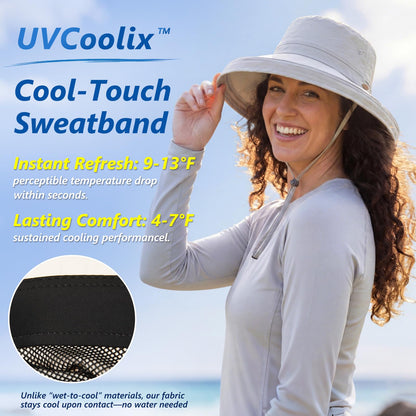 TOP-EX UVCoolix™ Cooling Sun Hat Women Ponytail Hole UPF 50+ Wide Brim Water Resistant Breathable Packable Hiking Beach (US, Alpha, Small, Medium, Green)